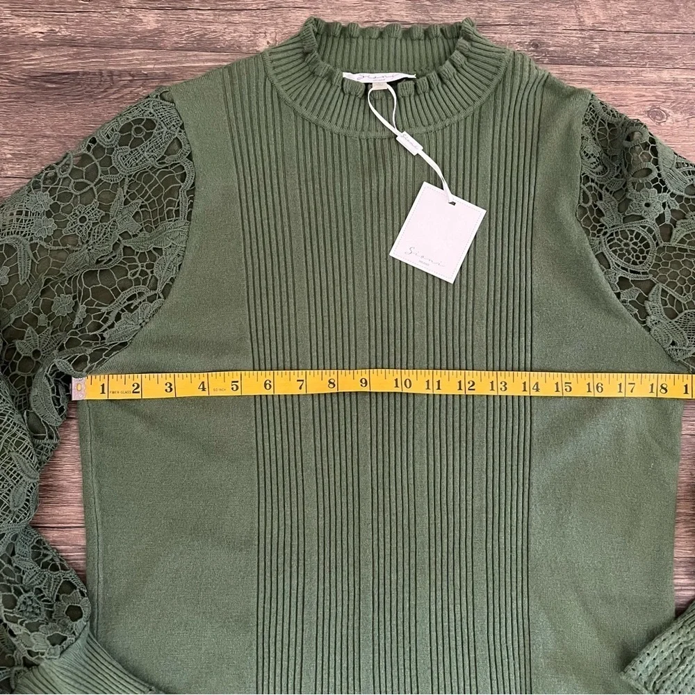 NWT Sioni Ribbed Lace Long Sleeve Mockneck Sweater Knitwear  Green Y2K Size L